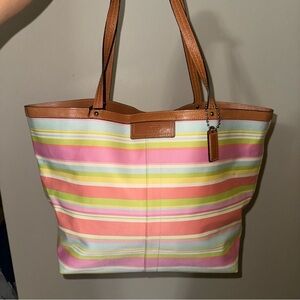 Y2K Coach Hampton Pastel Striped Large Tote Bag Leather Trim - Scribble Interior